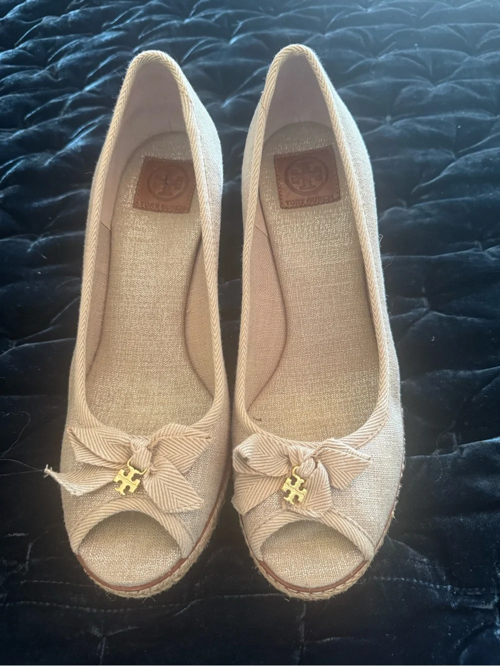 Tory Burch Neutral Beige Bow Espadrille Peep-Toe Flats